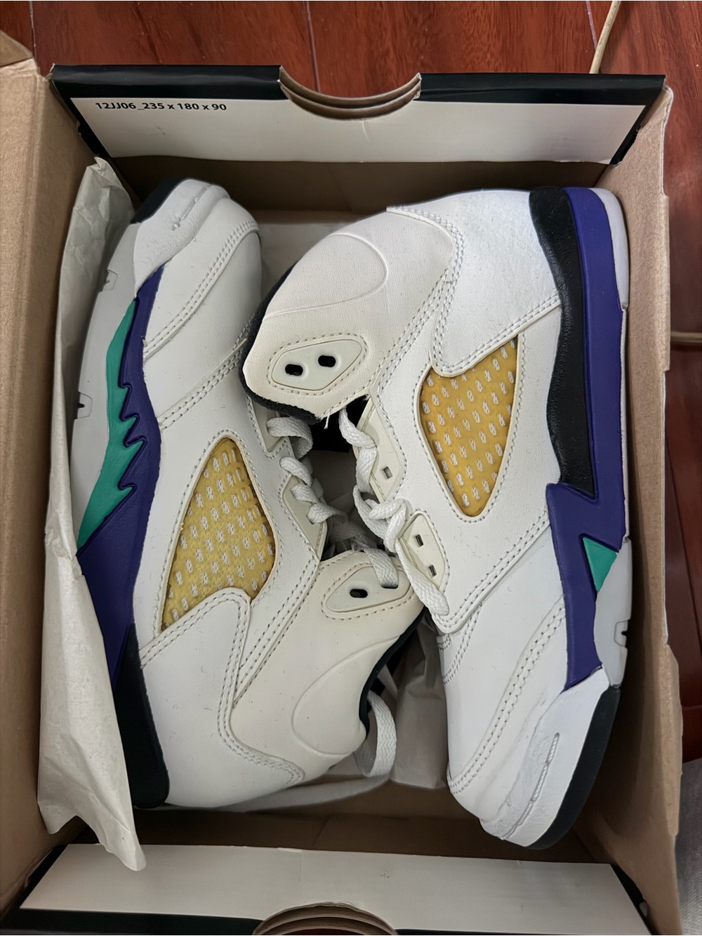 Jordan Kids White Sneakers with Purple, Teal & Yellow Accents